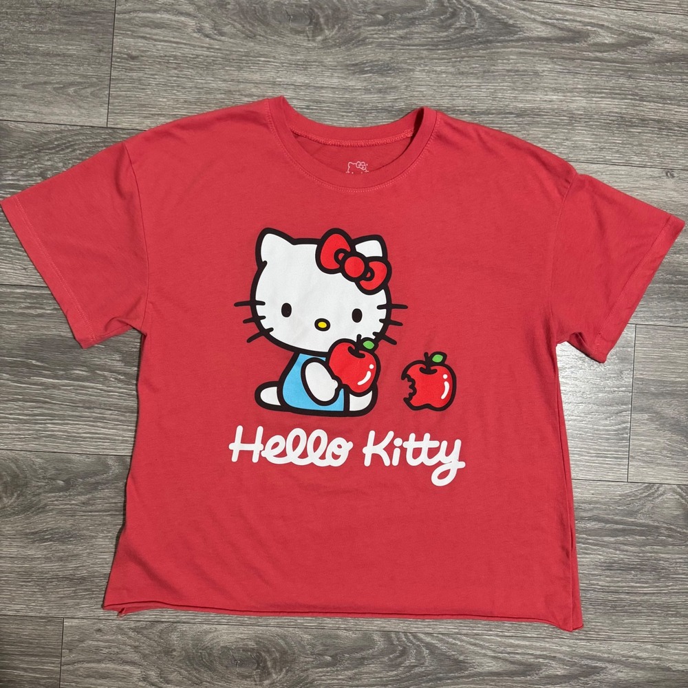 Sanrio Hello Kitty Red Graphic T-Shirt XL Apple Raw Hem Boxy Tee Womens 2024 Y2K